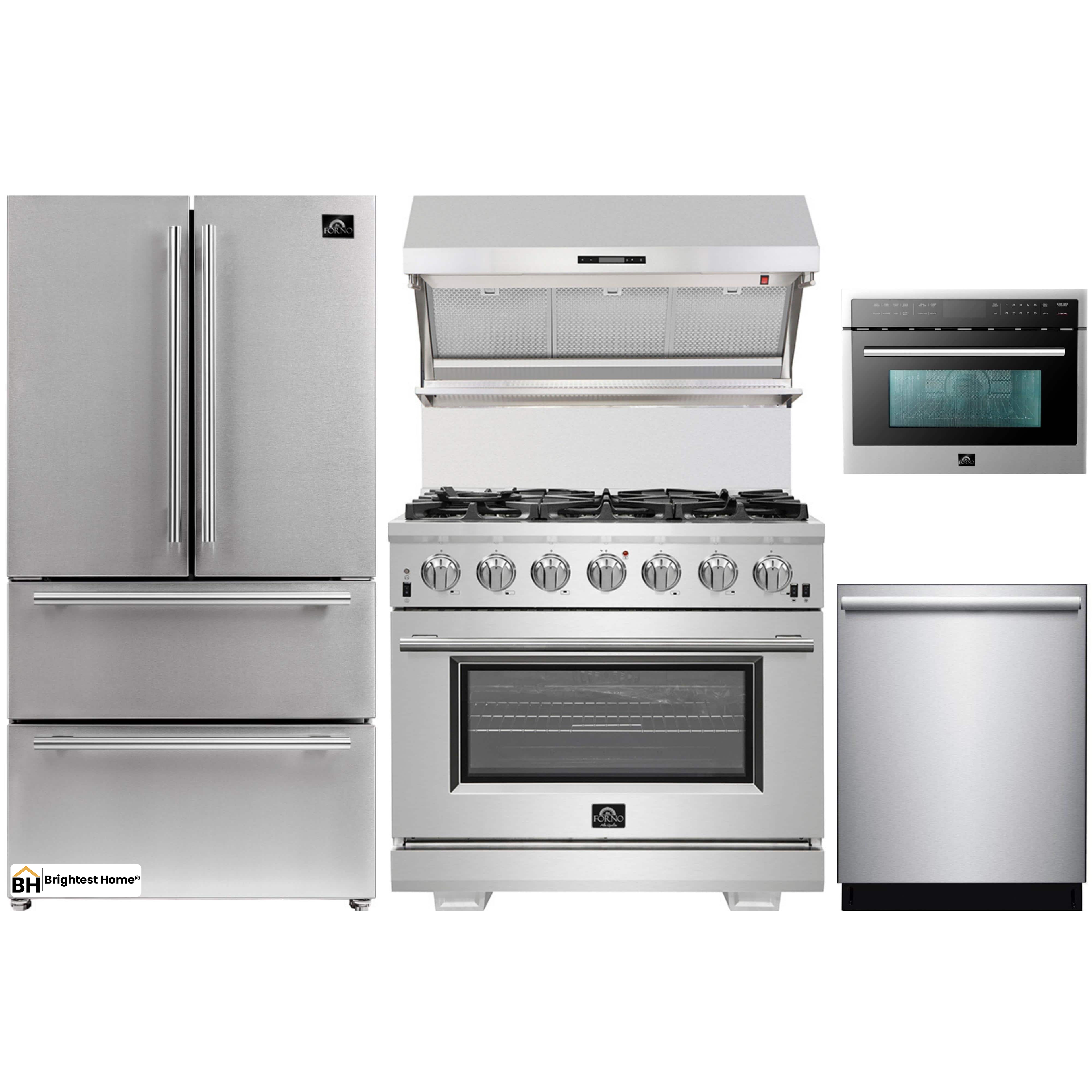 Forno 5-Piece Pro Appliance Package - 36-Inch Gas Range, Refrigerator, Wall Mount Hood with Backsplash, Microwave Oven, & 3-Rack Dishwasher in Stainless Steel