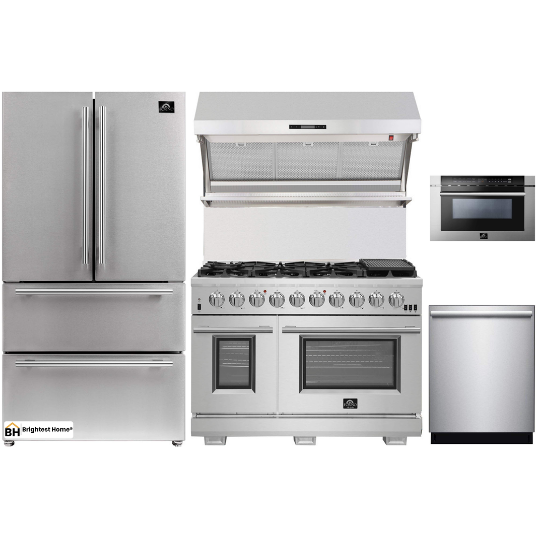 Forno 5-Piece Pro Appliance Package - 48-Inch Gas Range, Refrigerator, Wall Mount Hood with Backsplash, Microwave Drawer, & 3-Rack Dishwasher in Stainless Steel