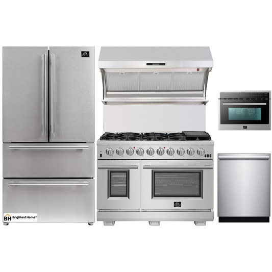 Forno 5-Piece Pro Appliance Package - 48-Inch Gas Range, Refrigerator, Wall Mount Hood with Backsplash, Microwave Oven, & 3-Rack Dishwasher in Stainless Steel