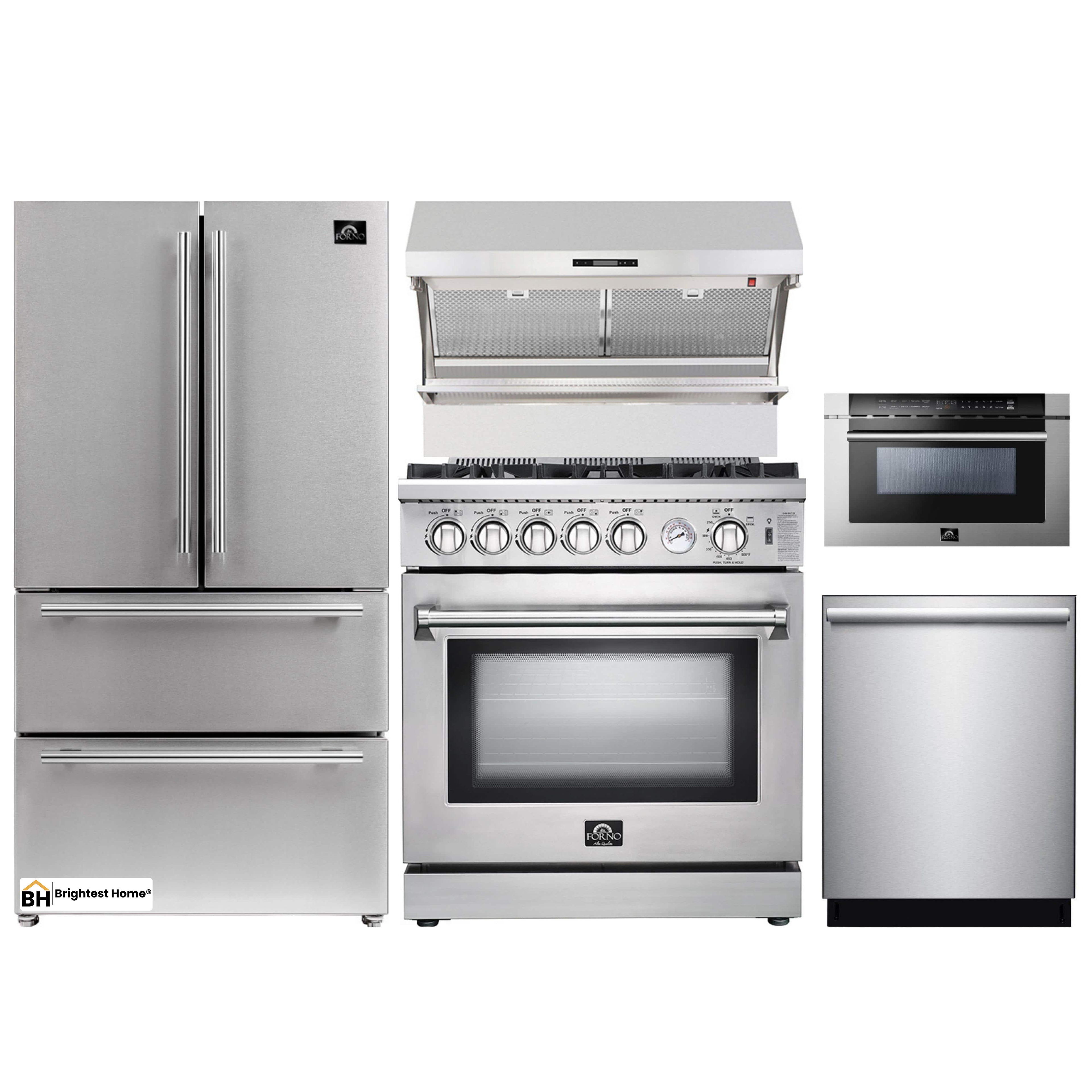 Forno 5-Piece Appliance Package - 30-Inch Gas Range, Refrigerator, Wall Mount Hood with Backsplash, Microwave Drawer, & 3-Rack Dishwasher in Stainless Steel