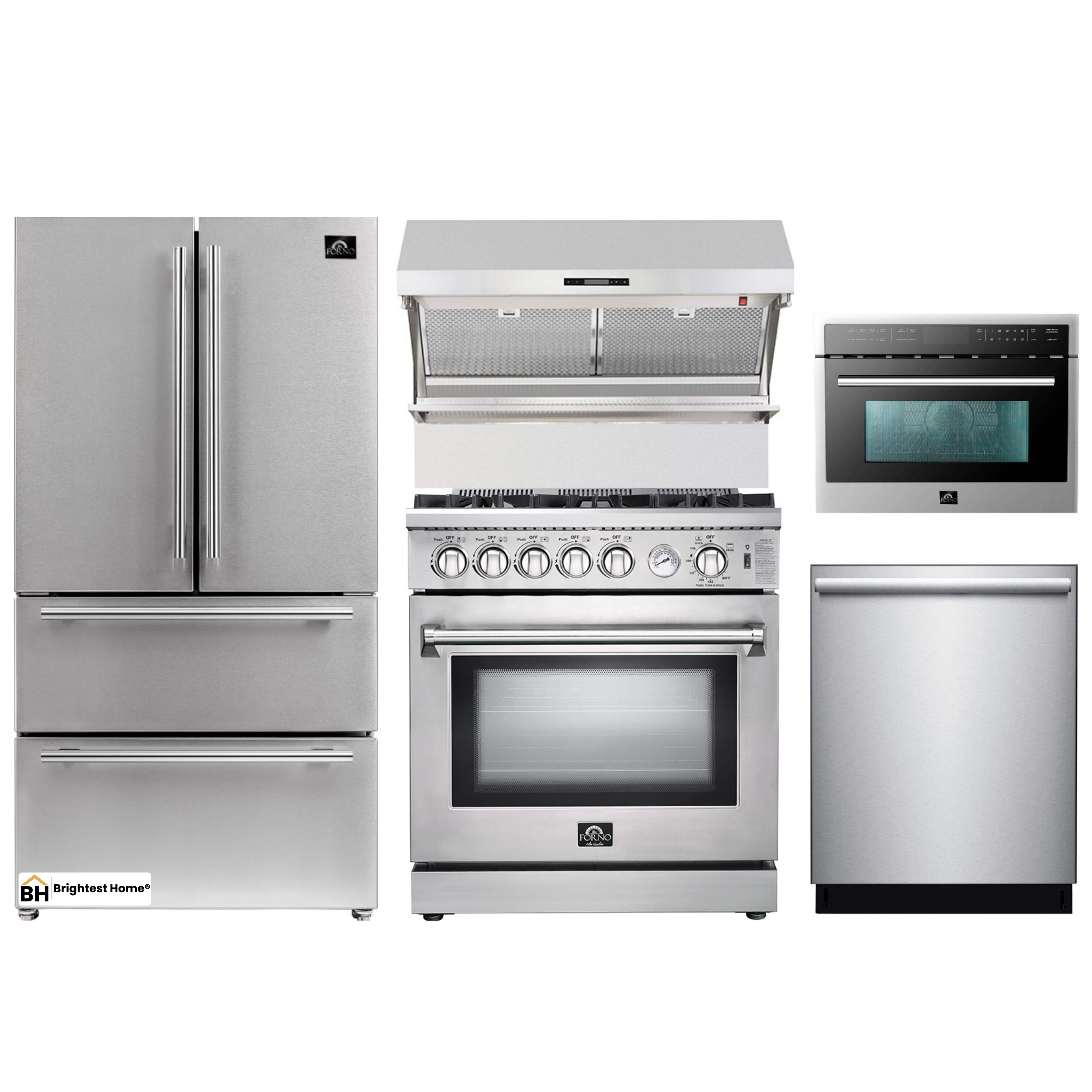 Forno 5-Piece Appliance Package - 30-Inch Gas Range, Refrigerator, Wall Mount Hood with Backsplash, Microwave Oven, & 3-Rack Dishwasher in Stainless Steel