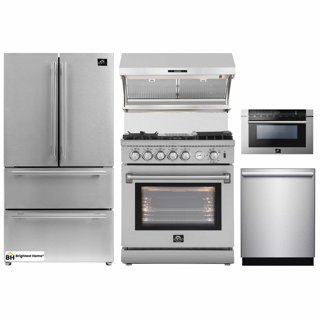 Forno 5-Piece Appliance Package - 30-Inch Gas Range with Air Fryer, Refrigerator, Wall Mount Hood with Backsplash, Microwave Drawer, & 3-Rack Dishwasher in Stainless Steel