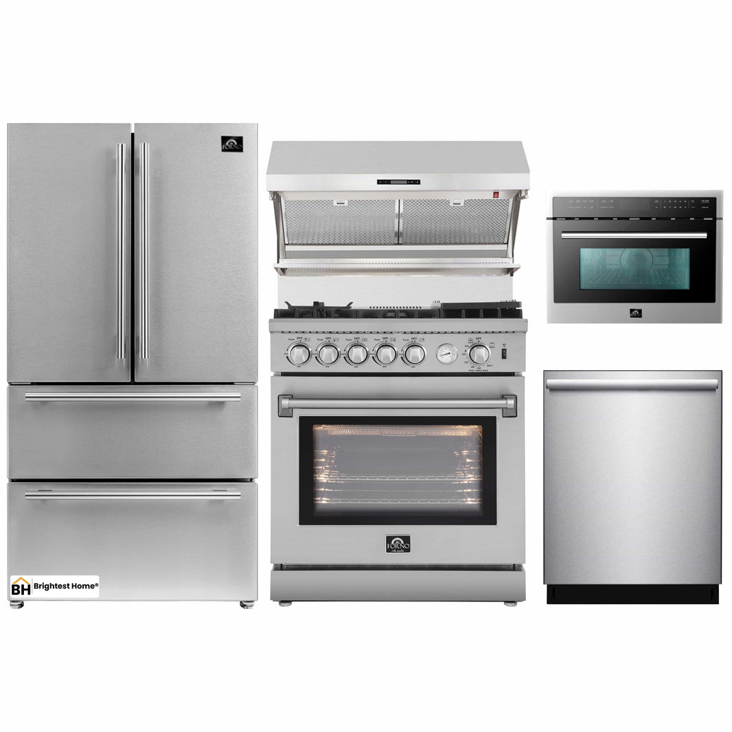 Forno 5-Piece Appliance Package - 30-Inch Gas Range with Air Fryer, Refrigerator, Wall Mount Hood with Backsplash, Microwave Oven, & 3-Rack Dishwasher in Stainless Steel