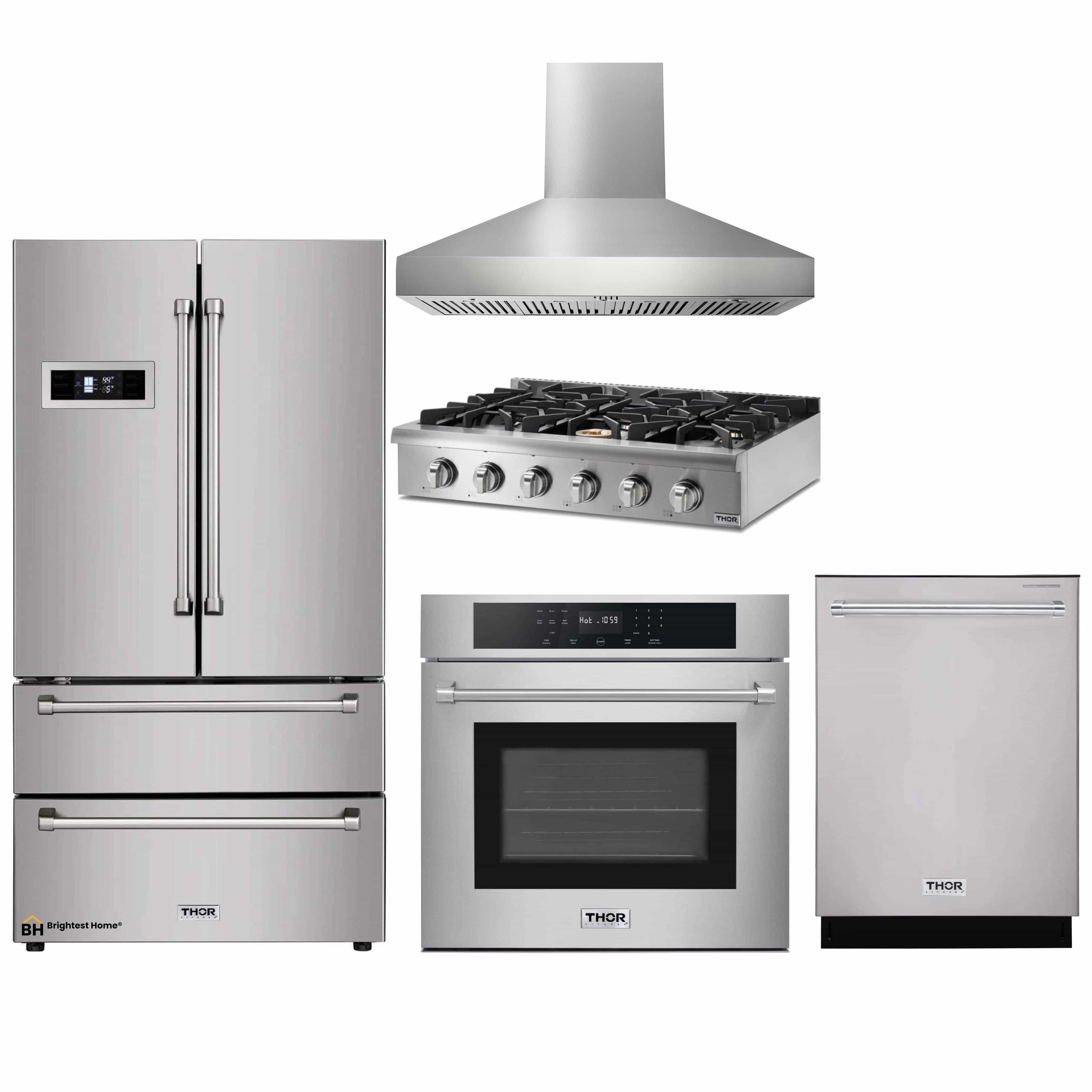 Thor Kitchen 5-Piece Pro Appliance Package - 36-Inch Rangetop, Electric Wall Oven, Pro-Style Wall Mount Hood, Dishwasher & Refrigerator in Stainless Steel