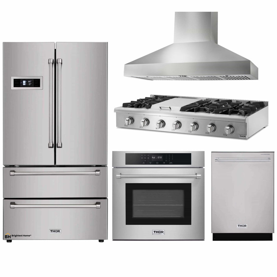 Thor Kitchen 5-Piece Pro Appliance Package - 48-Inch Rangetop, Electric Wall Oven, Wall Mount Hood, Dishwasher & Refrigerator in Stainless Steel