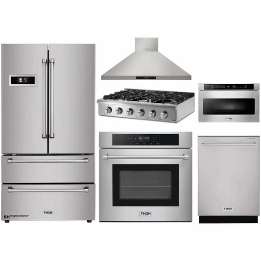 Thor Kitchen 6-Piece Pro Appliance Package - 36-Inch Rangetop, Electric Wall Oven, Wall Mount Hood, Refrigerator, Dishwasher, & Microwave in Stainless Steel