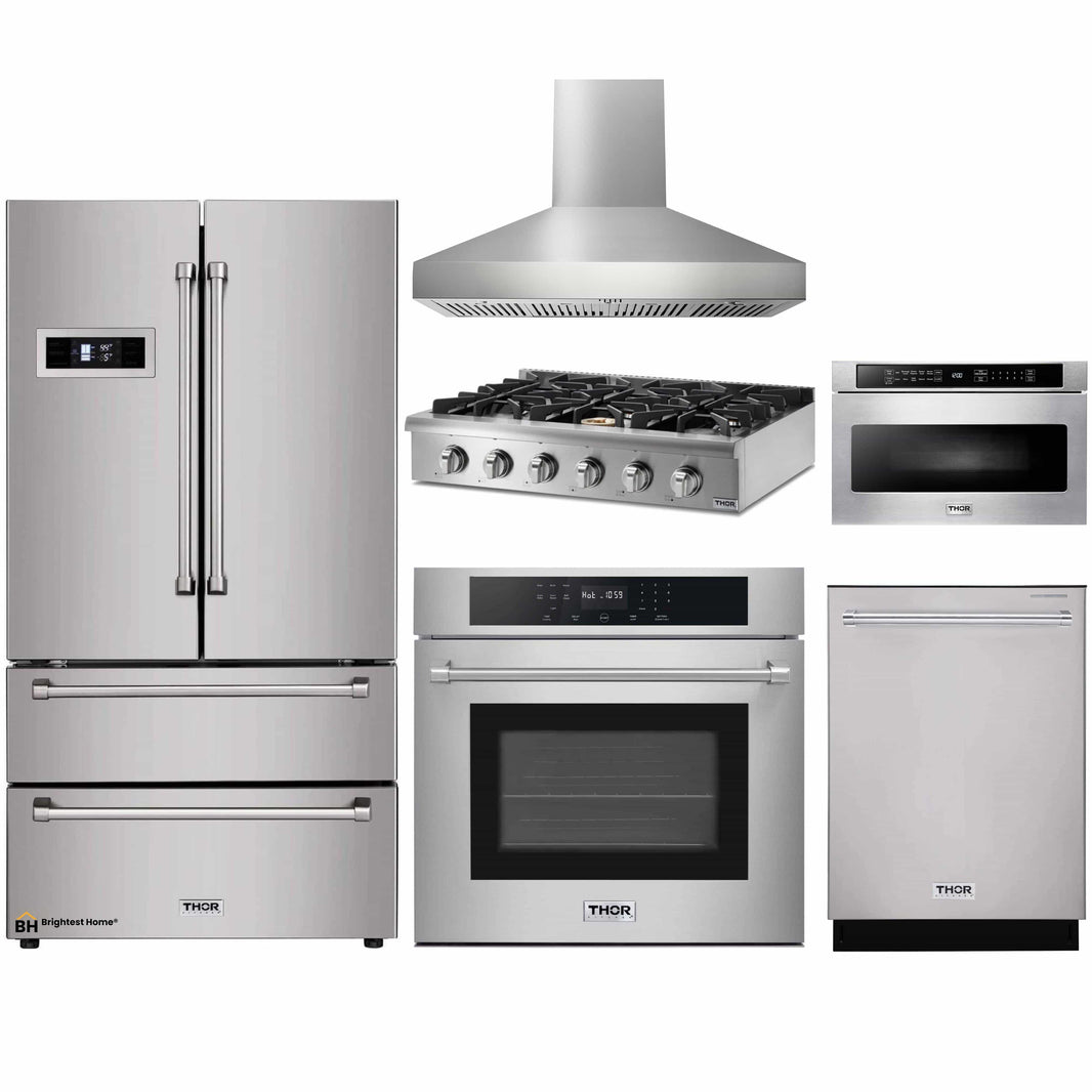 Thor Kitchen 6-Piece Pro Appliance Package - 36-Inch Rangetop, Electric Wall Oven, Pro-Style Wall Mount Hood, Refrigerator, Dishwasher, & Microwave in Stainless Steel