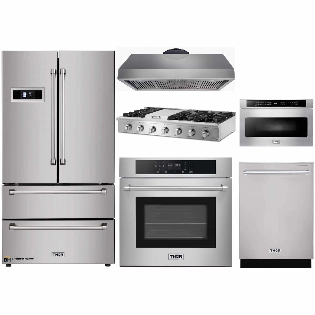 Thor Kitchen 6-Piece Pro Appliance Package - 48-Inch Rangetop, Electric Wall Oven, Under Cabinet 16.5-Inch Tall Hood, Refrigerator, Dishwasher, & Microwave Drawer in Stainless Steel