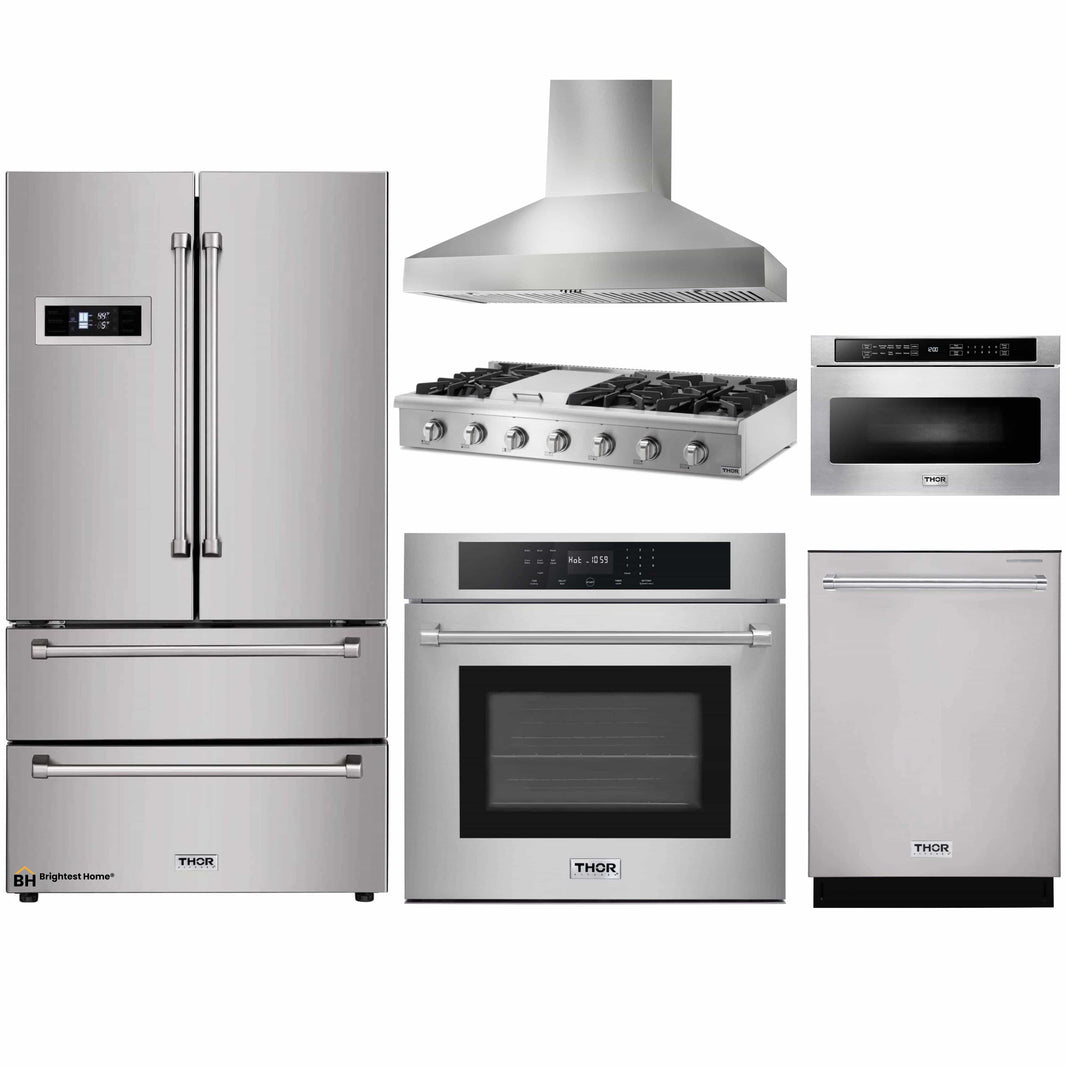 Thor Kitchen 6-Piece Pro Appliance Package - 48-Inch Rangetop, Electric Wall Oven, Pro Wall Mount Hood, Refrigerator, Dishwasher, & Microwave Drawer in Stainless Steel