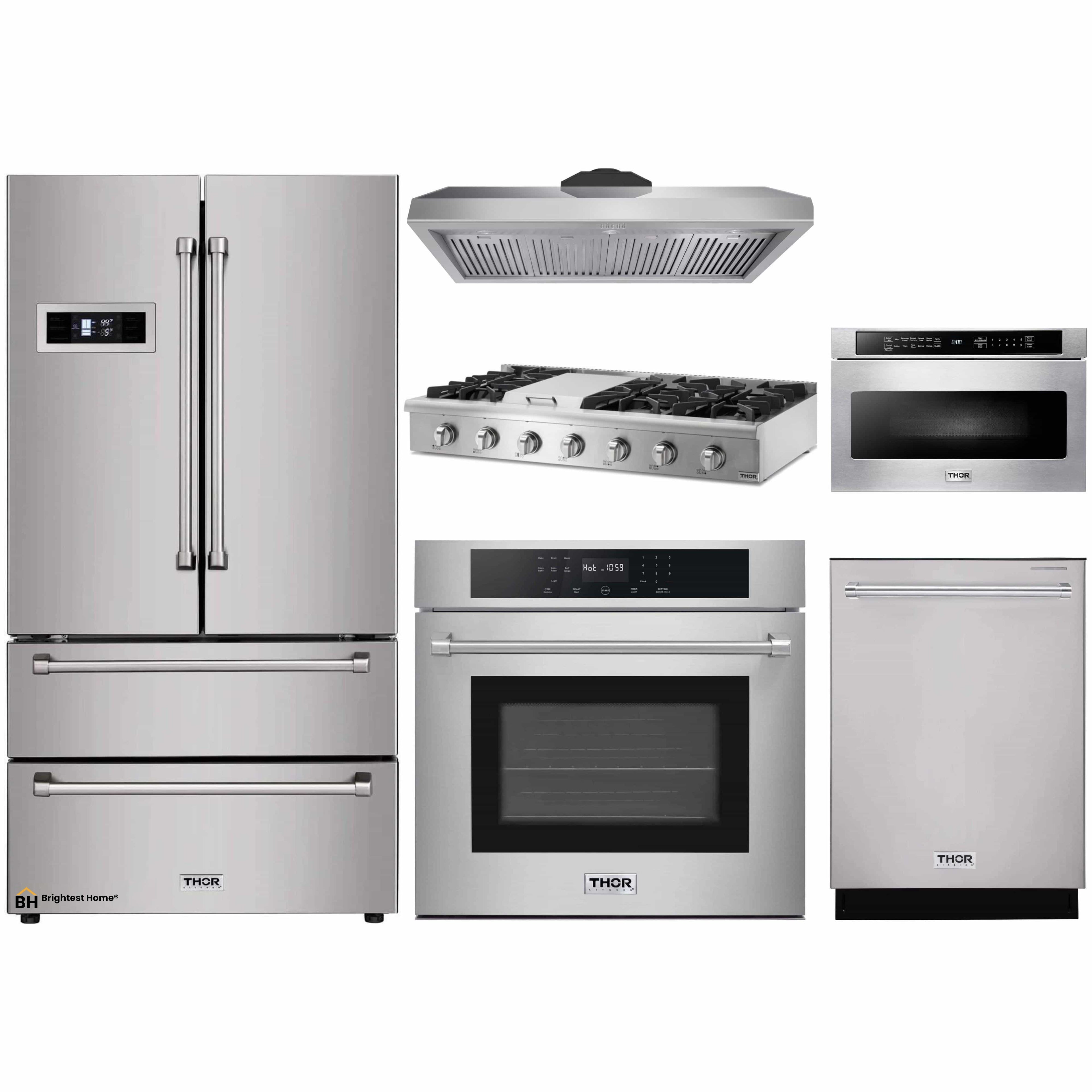 Thor Kitchen 6-Piece Pro Appliance Package - 48-Inch Rangetop, Electric Wall Oven, Under Cabinet 11-Inch Tall Hood, Refrigerator, Dishwasher, & Microwave Drawer in Stainless Steel