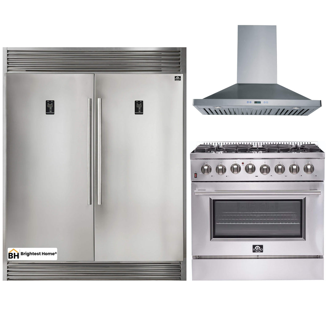 Forno 3-Piece Appliance Package - 36-Inch Dual Fuel Range, 56-Inch Pro-Style Refrigerator & Wall Mount Hood in Stainless Steel