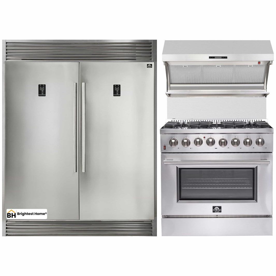 Forno 3-Piece Appliance Package - 36-Inch Dual Fuel Range, 56-Inch Pro-Style Refrigerator & Wall Mount Hood with Backsplash in Stainless Steel