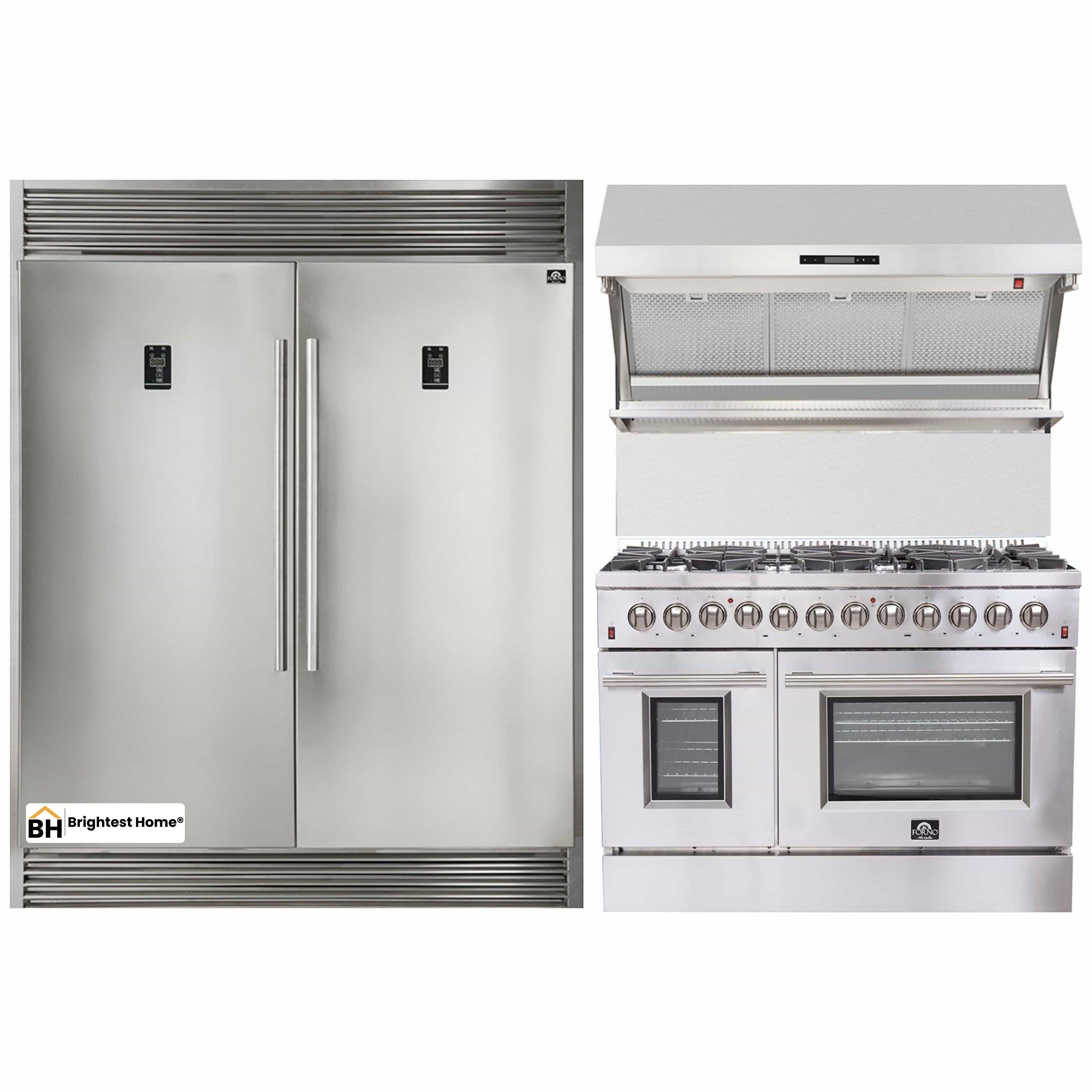 Forno 3-Piece Appliance Package - 48-Inch Dual Fuel Range, 56-Inch Pro-Style Refrigerator & Wall Mount Hood with Backsplash in Stainless Steel