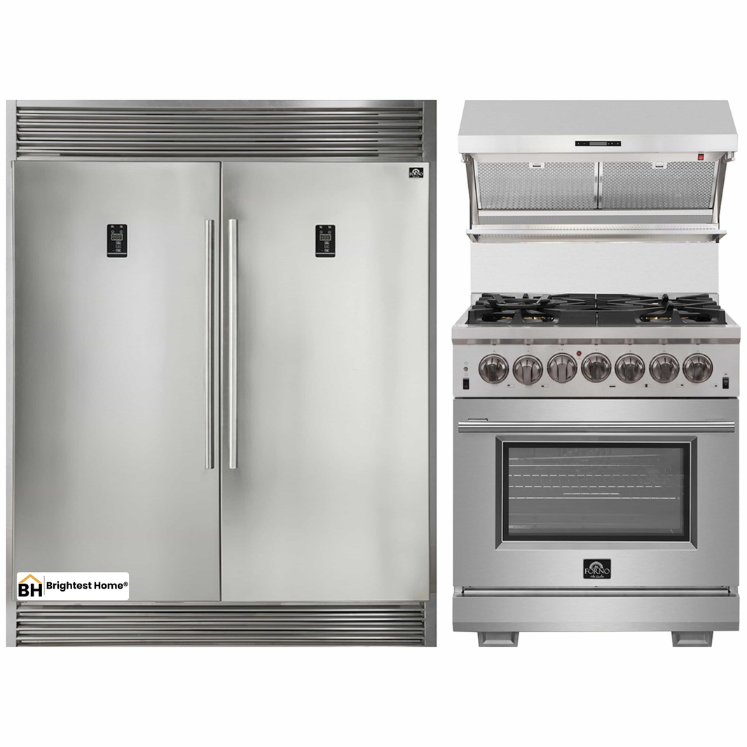 Forno 3-Piece Appliance Package - 30-Inch Dual Fuel Range, 56-Inch Pro-Style Refrigerator & Wall Mount Hood with Backsplash in Stainless Steel