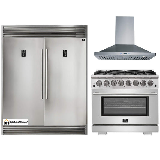 Forno 3-Piece Pro Appliance Package - 36-Inch Dual Fuel Range, 56-Inch Pro-Style Refrigerator & Wall Mount Hood in Stainless Steel