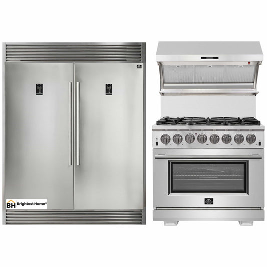 Forno 3-Piece Appliance Package - 36-Inch Dual Fuel Range, 56-Inch Pro-Style Refrigerator & Wall Mount Hood with Backsplash in Stainless Steel