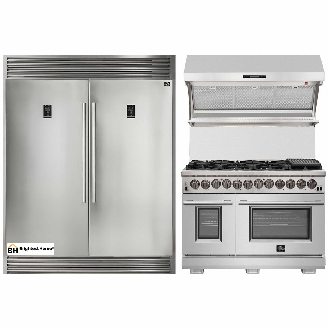 Forno 3-Piece Appliance Package - 48-Inch Dual Fuel Range, 56-Inch Pro-Style Refrigerator & Wall Mount Hood with Backsplash in Stainless Steel