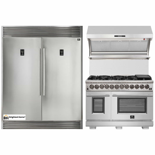 Forno 3-Piece Appliance Package - 48-Inch Dual Fuel Range, 56-Inch Pro-Style Refrigerator & Wall Mount Hood with Backsplash in Stainless Steel