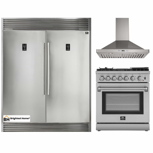 Forno 3-Piece Appliance Package - 30-Inch Dual Fuel Range with Air Fryer, 56-Inch Pro-Style Refrigerator & Wall Mount Hood in Stainless Steel