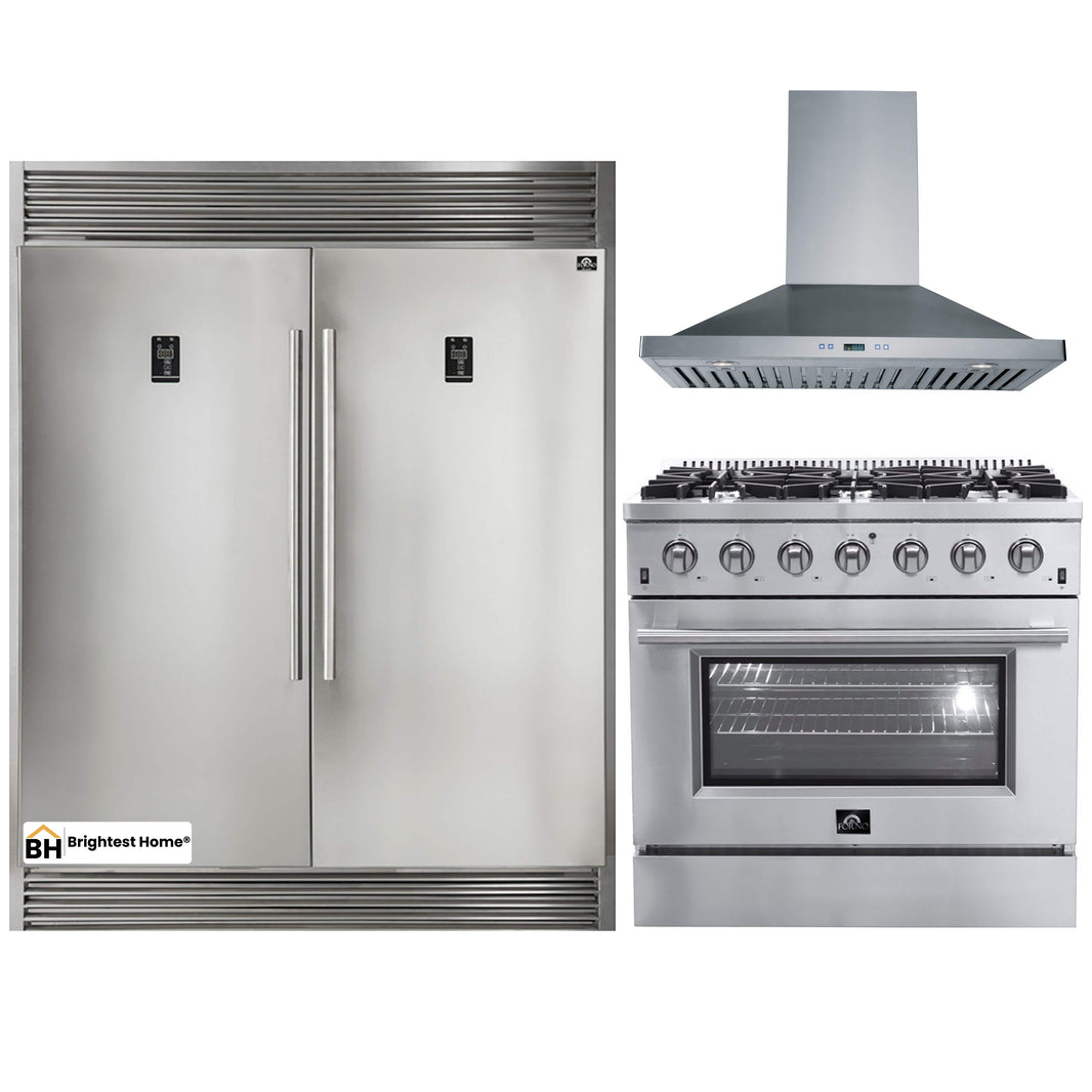 Forno 3-Piece Appliance Package - 36-Inch Gas Range, 56-Inch Pro-Style Refrigerator & Wall Mount Hood in Stainless Steel