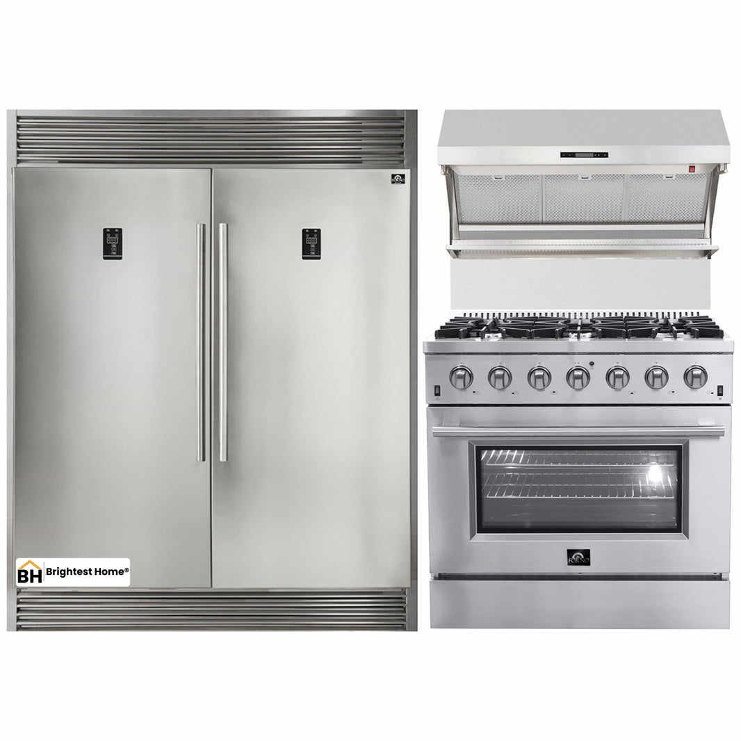 Forno 3-Piece Appliance Package - 36-Inch Gas Range, 56-Inch Pro-Style Refrigerator & Wall Mount Hood with Backsplash in Stainless Steel