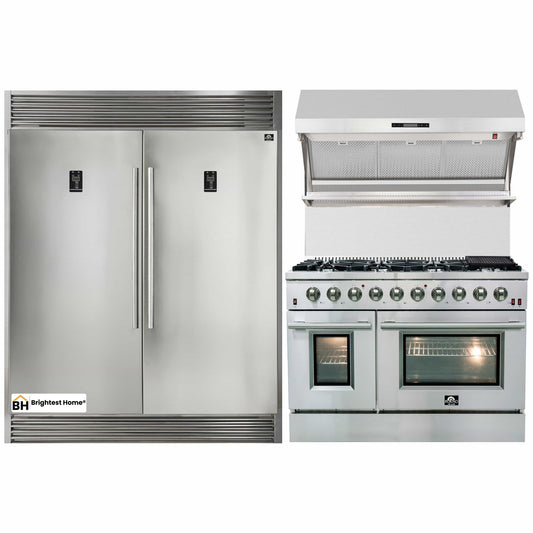 Forno 3-Piece Appliance Package - 48-Inch Gas Range, 56-Inch Pro-Style Refrigerator & Wall Mount Hood with Backsplash in Stainless Steel