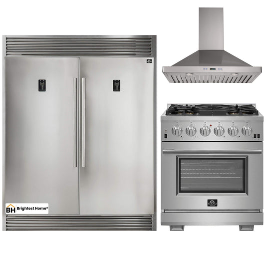 Forno 3-Piece Pro Appliance Package - 30-Inch Gas Range, 56-Inch Pro-Style Refrigerator & Wall Mount Hood in Stainless Steel