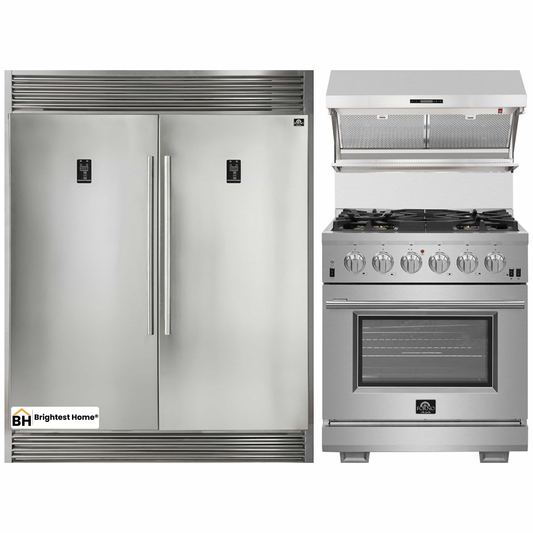 Forno 3-Piece Appliance Package - 30-Inch Gas Range, 56-Inch Pro-Style Refrigerator & Wall Mount Hood with Backsplash in Stainless Steel