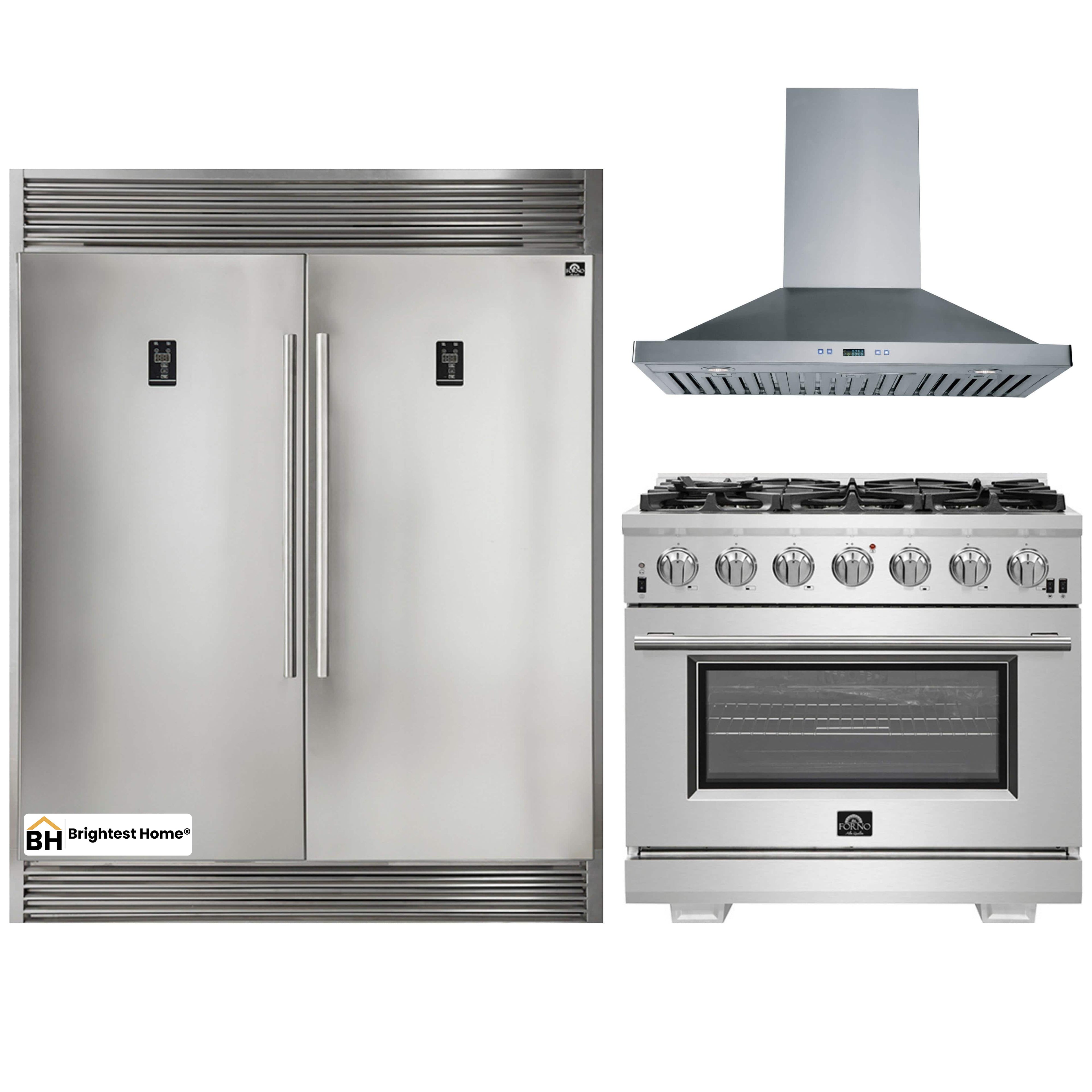 Forno 3-Piece Pro Appliance Package -36-Inch Gas Range, 56-Inch Pro-Style Refrigerator & Wall Mount Hood in Stainless Steel