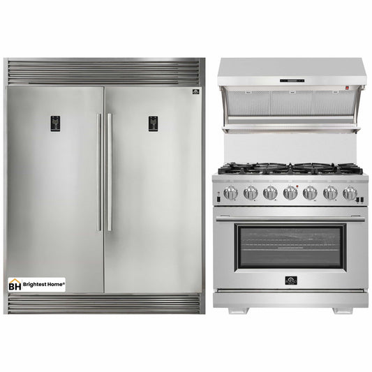 Forno 3-Piece Appliance Package - 36-Inch Gas Range, 56-Inch Pro-Style Refrigerator & Wall Mount Hood with Backsplash in Stainless Steel