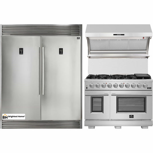 Forno 3-Piece Appliance Package - 48-Inch Gas Range, 56-Inch Pro-Style Refrigerator & Wall Mount Hood with Backsplash in Stainless Steel