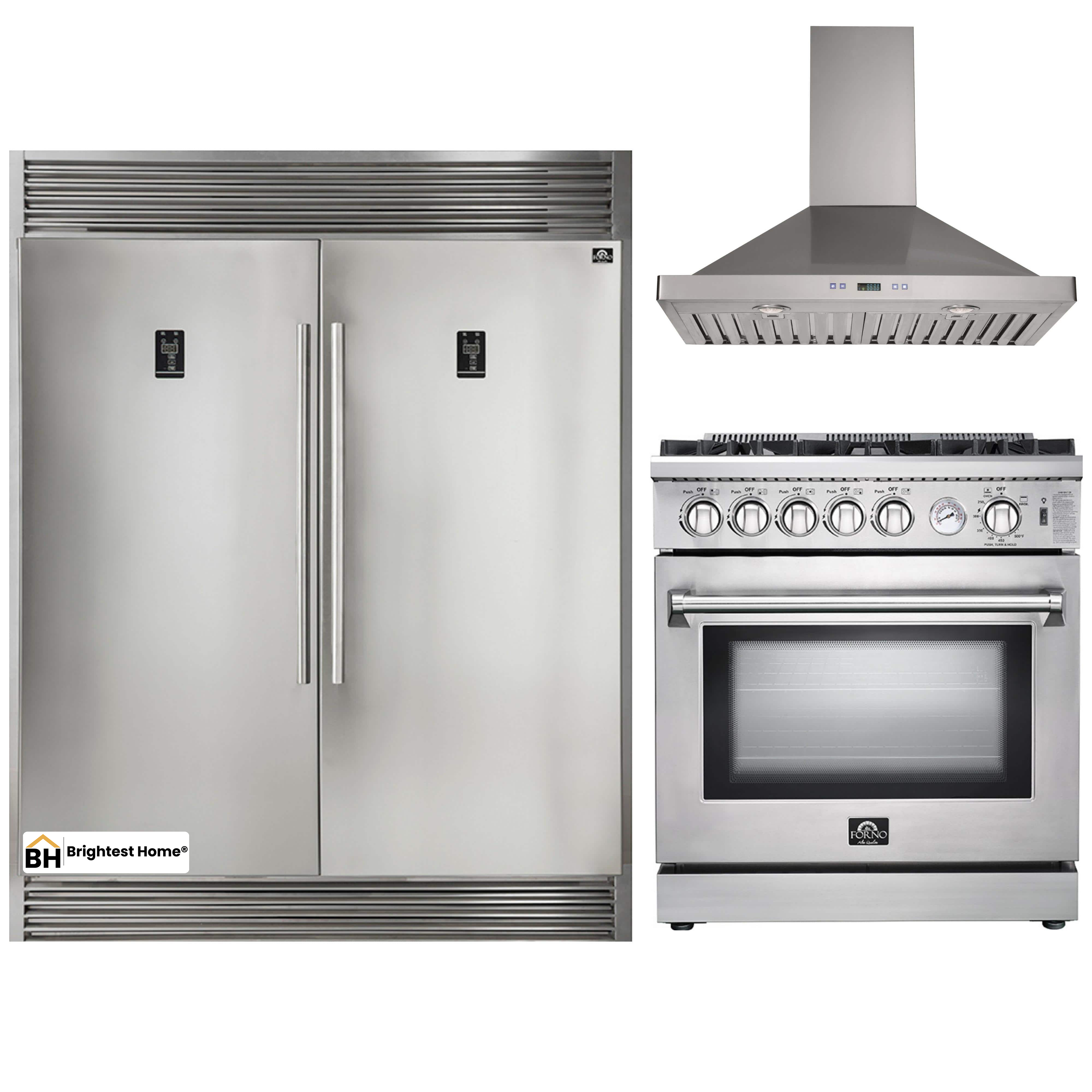 Forno 3-Piece Appliance Package - 30-Inch Gas Range, 56-Inch Pro-Style Refrigerator & Wall Mount Hood in Stainless Steel