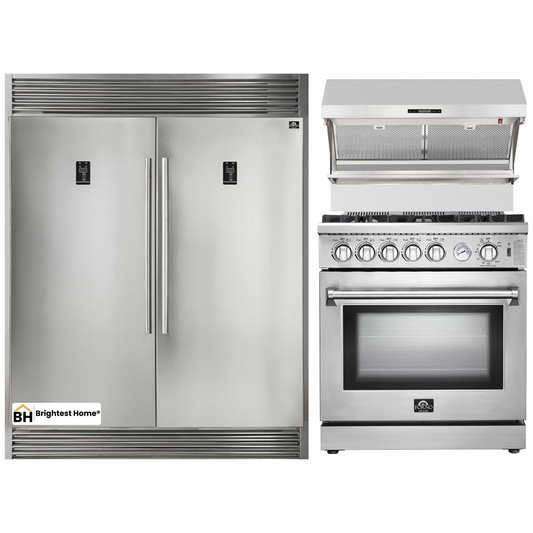 Forno 3-Piece Appliance Package - 30-Inch Gas Range, 56-Inch Pro-Style Refrigerator & Wall Mount Hood with Backsplash in Stainless Steel