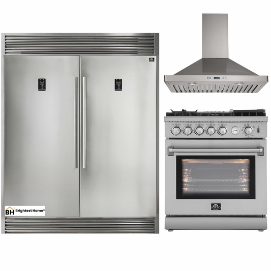 Forno 3-Piece Appliance Package - 30-Inch Gas Range with Air Fryer, 56-Inch Pro-Style Refrigerator & Wall Mount Hood in Stainless Steel