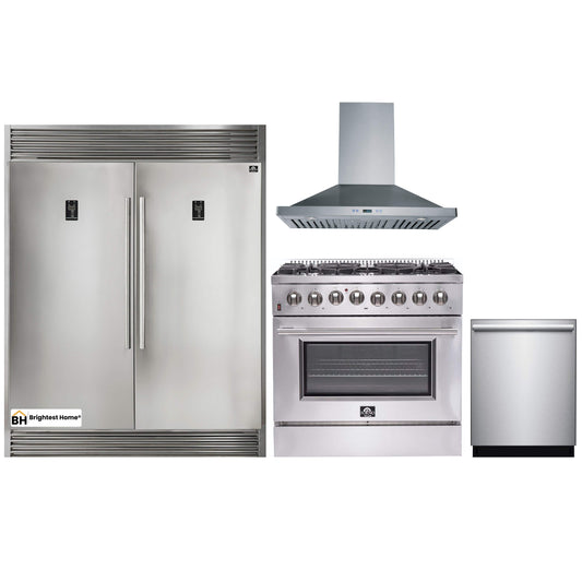 Forno 4-Piece Appliance Package - 36-Inch Dual Fuel Range, 56-Inch Pro-Style Refrigerator, Wall Mount Hood, & 3-Rack Dishwasher in Stainless Steel