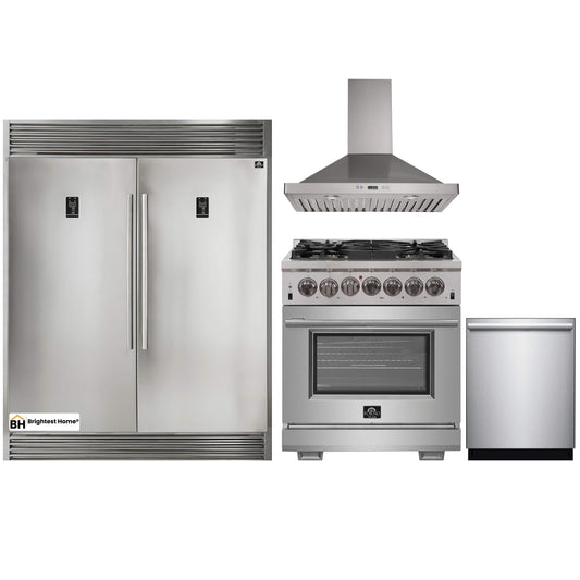 Forno 4-Piece Pro Appliance Package - 30-Inch Dual Fuel Range, 56-Inch Pro-Style Refrigerator, Wall Mount Hood, & 3-Rack Dishwasher in Stainless Steel