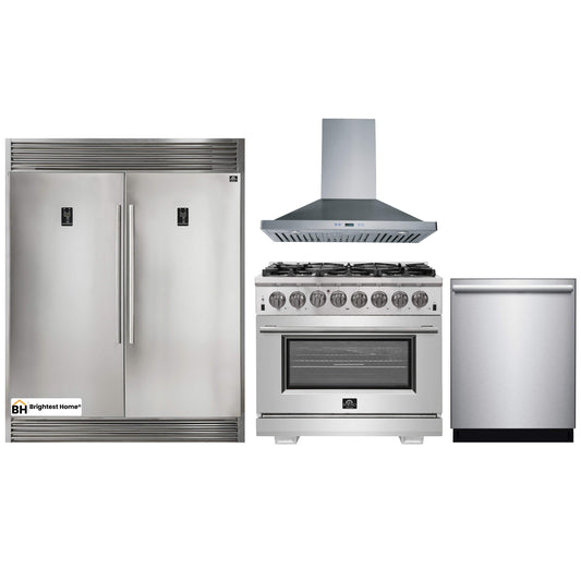 Forno 4-Piece Pro Appliance Package - 36-Inch Dual Fuel Range, 56-Inch Pro-Style Refrigerator, Wall Mount Hood, & 3-Rack Dishwasher in Stainless Steel