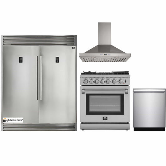 Forno 4-Piece Appliance Package - 30-Inch Dual Fuel Range with Air Fryer, 56-Inch Pro-Style Refrigerator, Wall Mount Hood, & 3-Rack Dishwasher in Stainless Steel