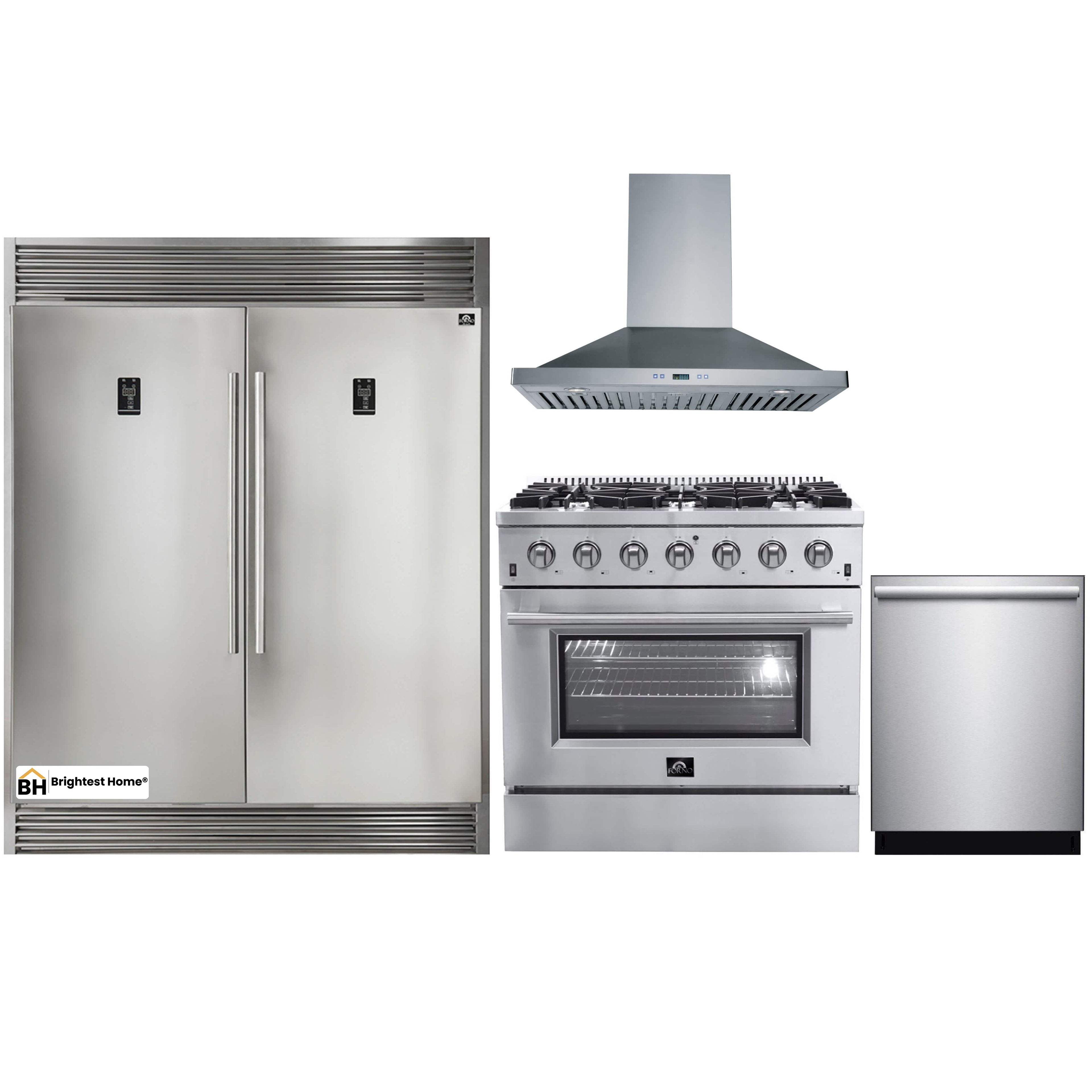 Forno 4-Piece Appliance Package - 36-Inch Gas Range, 56-Inch Pro-Style Refrigerator, Wall Mount Hood, & 3-Rack Dishwasher in Stainless Steel