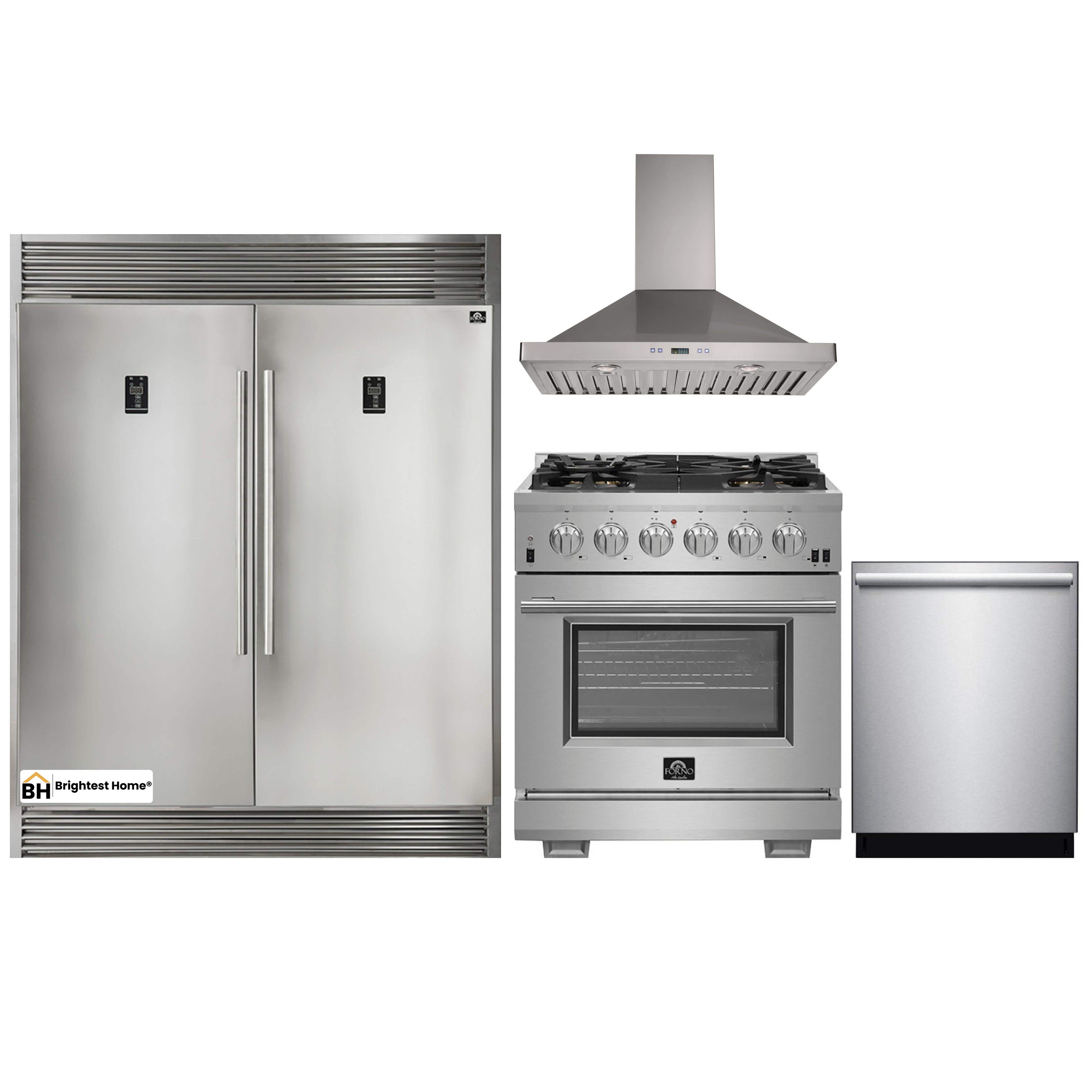 Forno 4-Piece Pro Appliance Package - 30-Inch Gas Range, 56-Inch Pro-Style Refrigerator, Wall Mount Hood, & 3-Rack Dishwasher in Stainless Steel