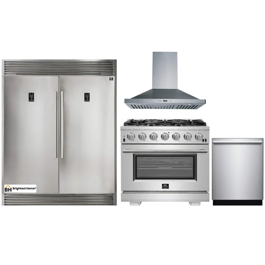 Forno 4-Piece Pro Appliance Package - 36-Inch Gas Range, 56-Inch Pro-Style Refrigerator, Wall Mount Hood, & 3-Rack Dishwasher in Stainless Steel