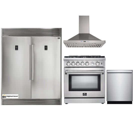 Forno 4-Piece Appliance Package - 30-Inch Gas Range, 56-Inch Pro-Style Refrigerator, Wall Mount Hood, & 3-Rack Dishwasher in Stainless Steel