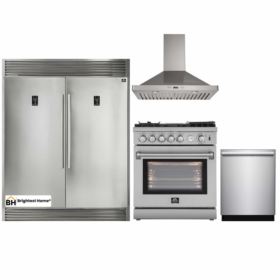 Forno 4-Piece Appliance Package - 30-Inch Gas Range with Air Fryer, 56-Inch Pro-Style Refrigerator, Wall Mount Hood, & 3-Rack Dishwasher in Stainless Steel