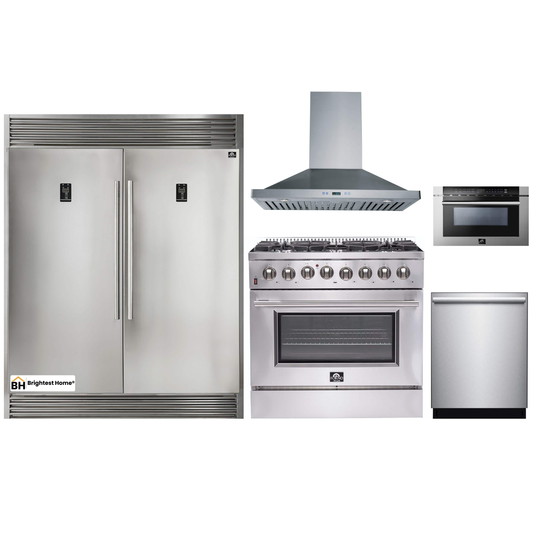 Forno 5-Piece Appliance Package - 36-Inch Dual Fuel Range, 56-Inch Pro-Style Refrigerator, Wall Mount Hood, Microwave Drawer, & 3-Rack Dishwasher in Stainless Steel