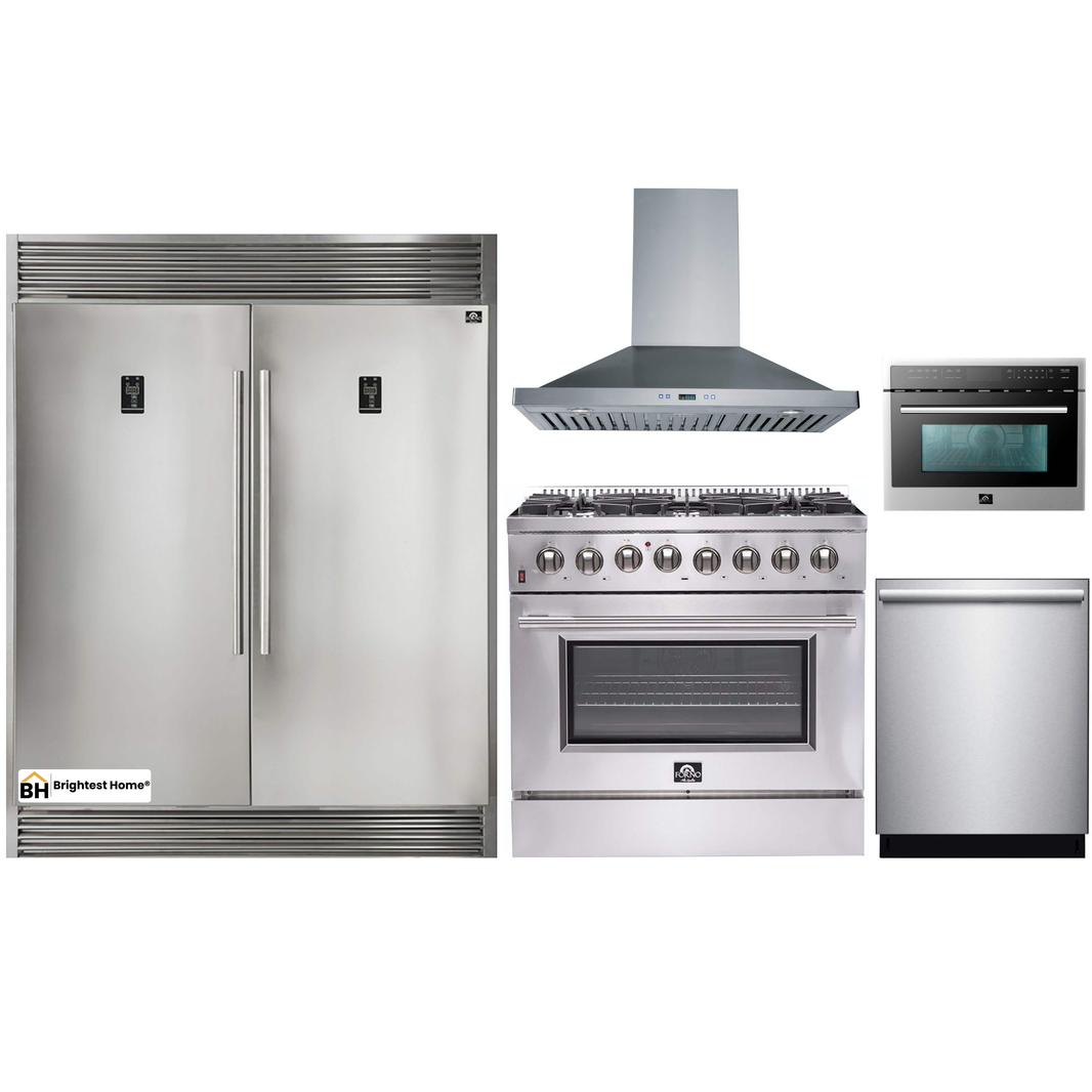 Forno 5-Piece Appliance Package - 36-Inch Dual Fuel Range, 56-Inch Pro-Style Refrigerator, Wall Mount Hood, Microwave Oven, & 3-Rack Dishwasher in Stainless Steel