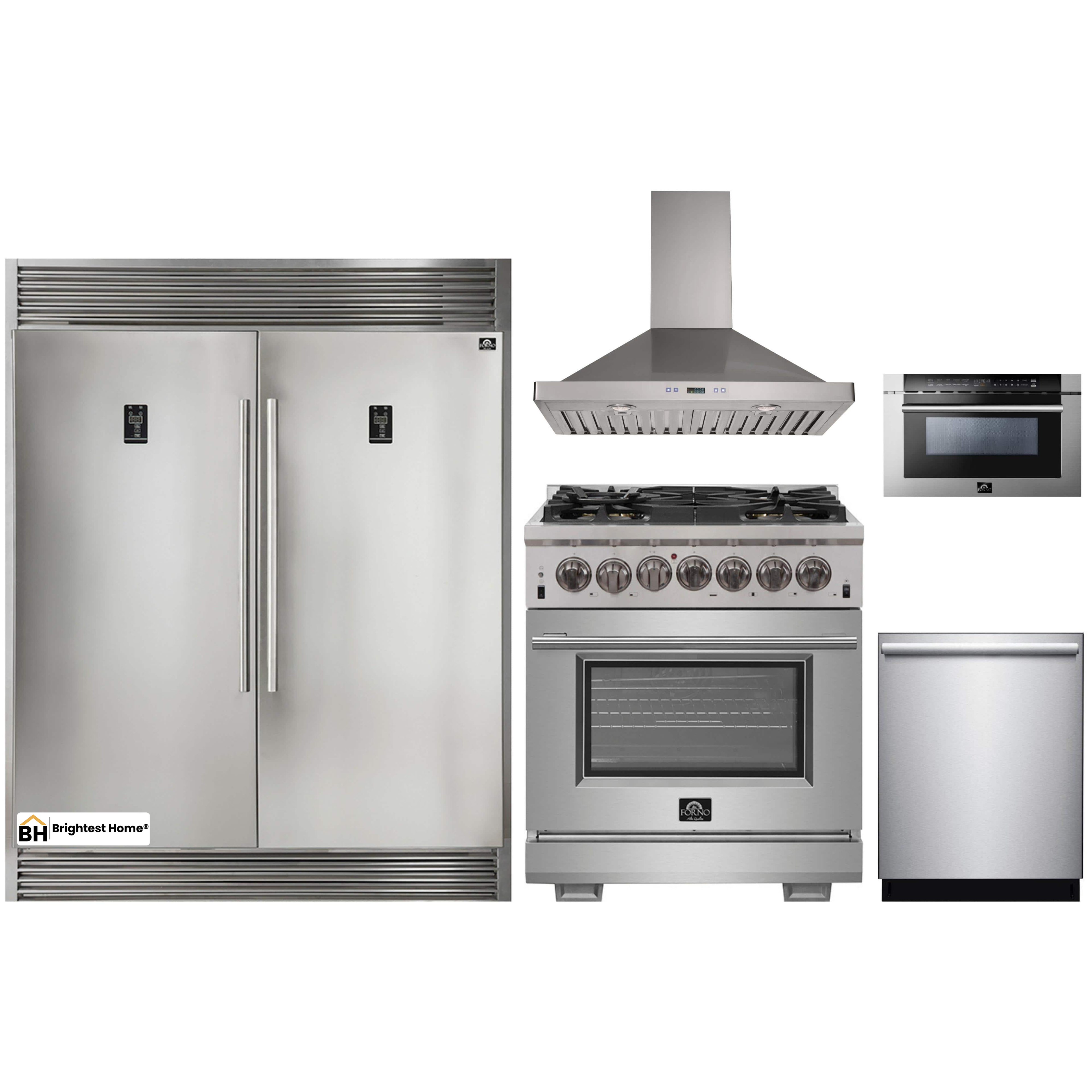 Forno 5-Piece Pro Appliance Package - 30-Inch Dual Fuel Range, 56-Inch Pro-Style Refrigerator, Wall Mount Hood, Microwave Drawer, & 3-Rack Dishwasher in Stainless Steel