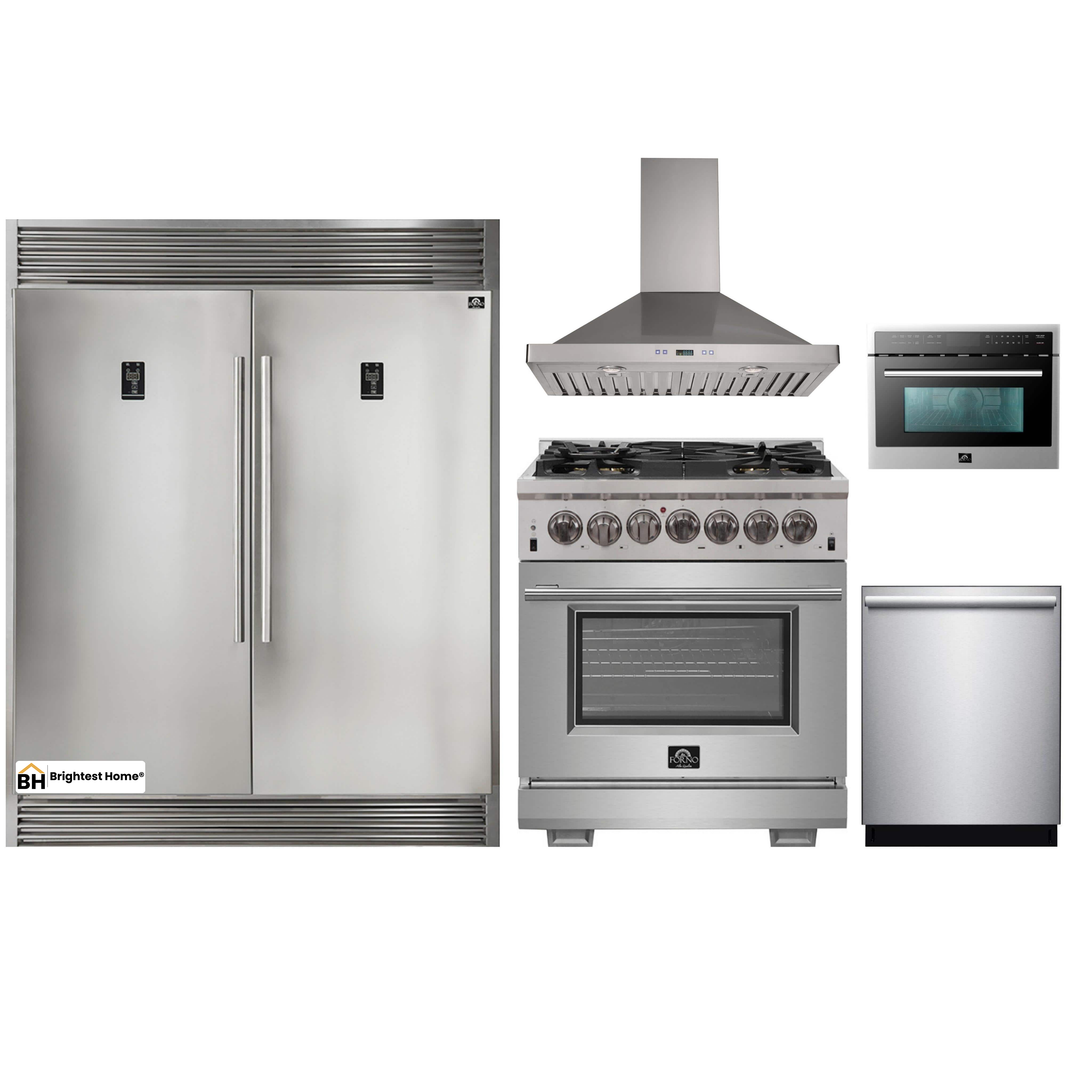 Forno 5-Piece Pro Appliance Package - 30-Inch Dual Fuel Range, 56-Inch Pro-Style Refrigerator, Wall Mount Hood, Microwave Oven, & 3-Rack Dishwasher in Stainless Steel