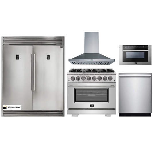 Forno 5-Piece Pro Appliance Package - 36-Inch Dual Fuel Range, 56-Inch Pro-Style Refrigerator, Wall Mount Hood, Microwave Drawer, & 3-Rack Dishwasher in Stainless Steel