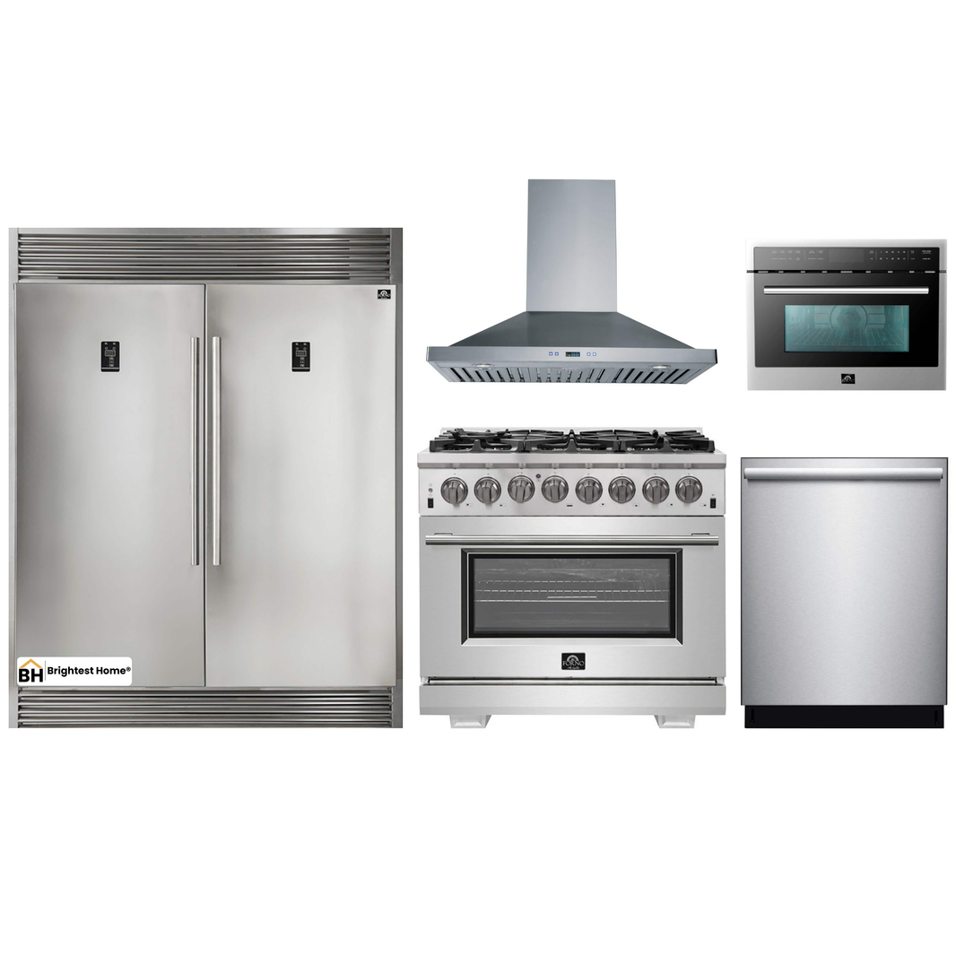 Forno 5-Piece Pro Appliance Package - 36-Inch Dual Fuel Range, 56-Inch Pro-Style Refrigerator, Wall Mount Hood, Microwave Oven, & 3-Rack Dishwasher in Stainless Steel