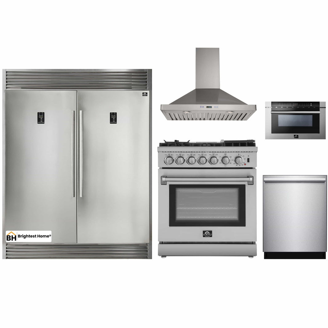 Forno 5-Piece Appliance Package - 30-Inch Dual Fuel Range with Air Fryer, 56-Inch Pro-Style Refrigerator, Wall Mount Hood, Microwave Drawer, & 3-Rack Dishwasher in Stainless Steel